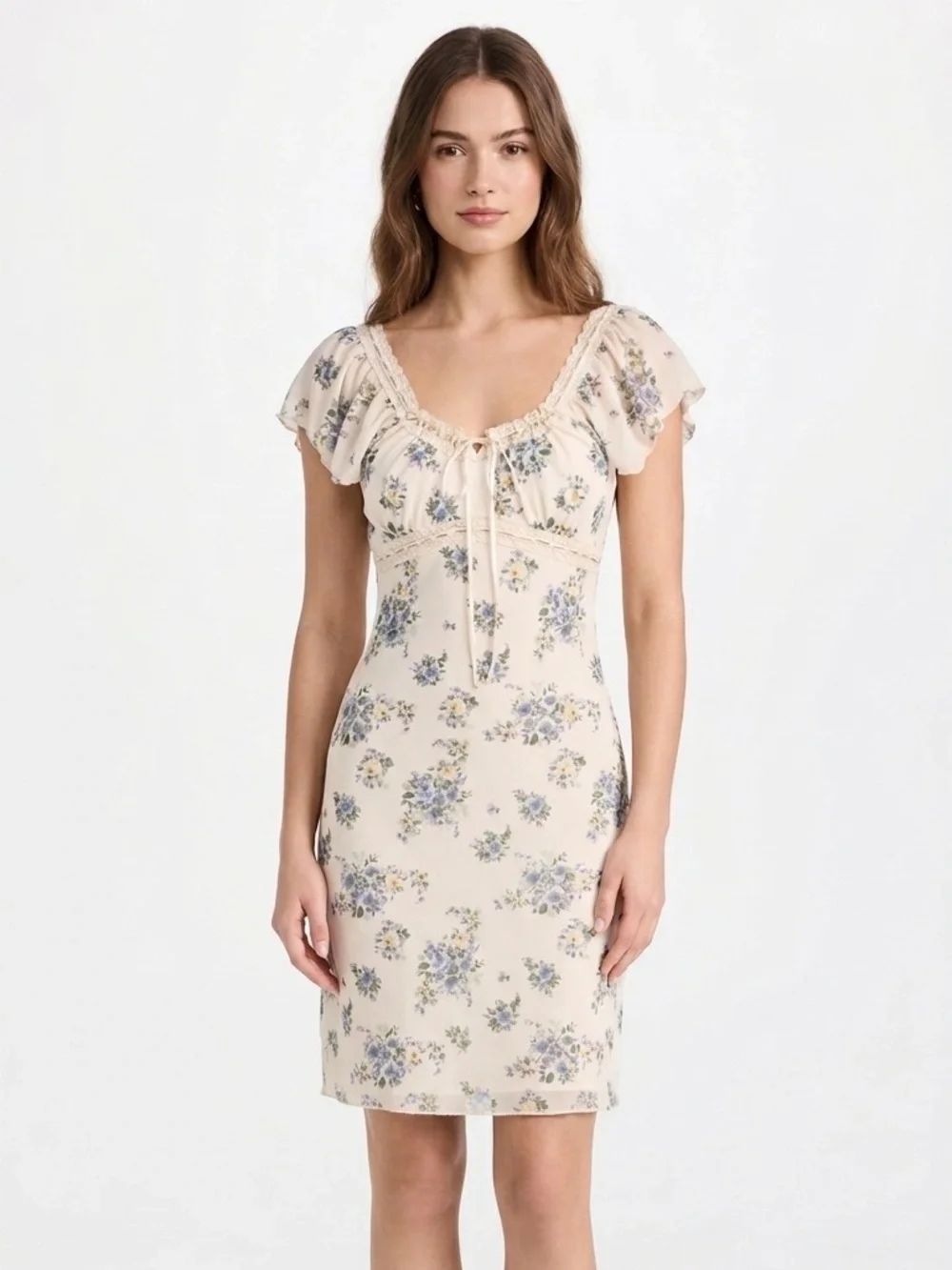 Delicate Cream Floral Ruffle-Sleeve Dress - Picture 1 of 5